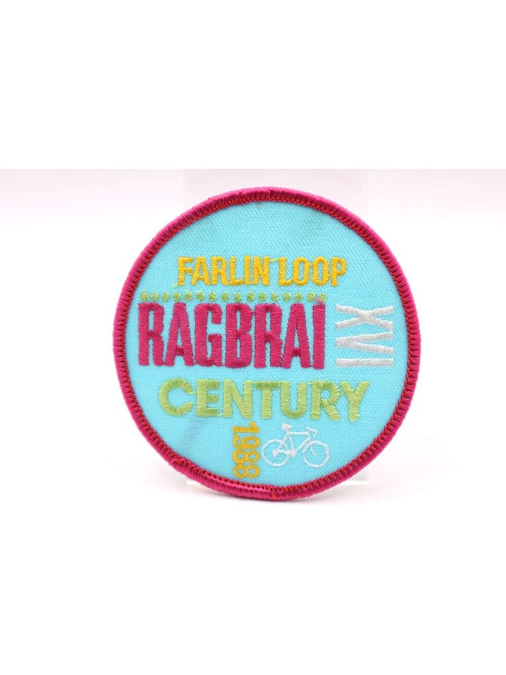 RAGBRAI 1988 Farlin Loop Century Bike Patch Embroidered Round 3" Pink Yellow Blu